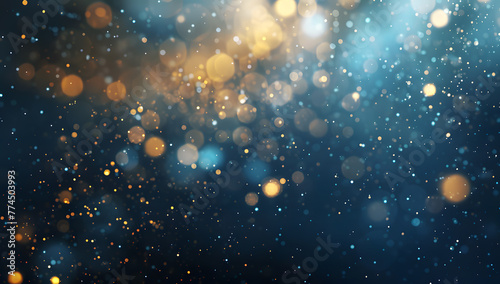 Abstract gold and navy blue background with sparkling particles