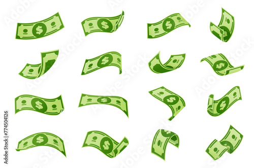 Flying cartoon banknotes, dollar cash money bills, falling and swirling green banknotes of usd currency. Vector money rain and banknote shower, business success, lottery and casino game prize concept