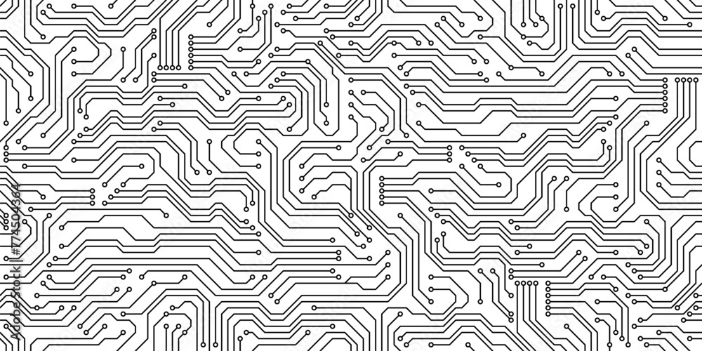 Circuit board seamless pattern, computer motherboard background. Vector technology motif with chips, pathways, electronic components and soldered connections. Interconnected monochrome tile design