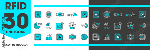 RFID icons of radio frequency identification tags in digital technology, vector line symbols. RFID icon of identity tag or tracking chip and microchip label as identification and data reader