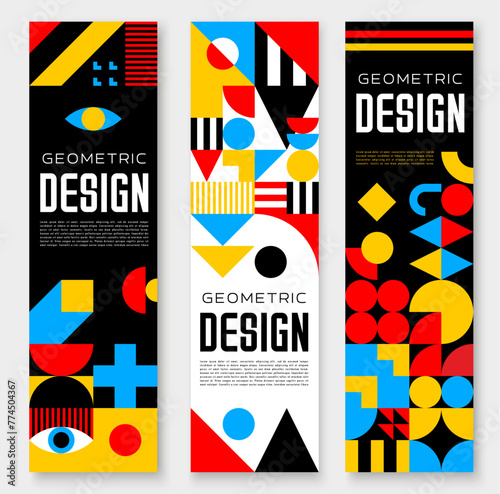 Abstract futuristic banner with geometric shapes and elements. Abstract vertical vector backgrounds or cover templates with geometry pattern, retro minimal graphic forms, lines and vibrant colors