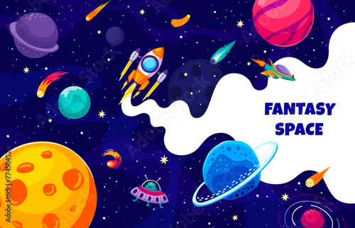 Fototapeta Naklejka Na Ścianę i Meble -  Space rocket, spacecraft and ufo in galaxy between planets and stars. Vector cartoon banner for universe exploration, astronomy science, cosmic investigations with colorful alien celestial bodies