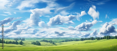 A vibrant image on a computer screen displaying a picturesque green field with tall trees under a clear blue sky