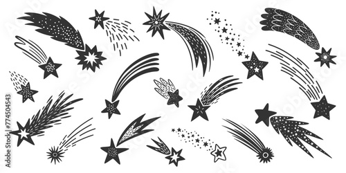 Doodle shooting space stars with trails, falling galaxy comets and meteors silhouettes. Cosmic hand drawn meteorite traces isolated monochrome vector symbols set. Streaks of light and energy in motion