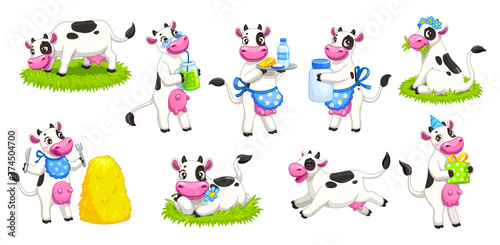 Cartoon cute cow characters  isolated vector set of kawaii farm animal parsonage with a heartwarming smile and pink cheeks  joyfully grazing on summer field  eating straw  play and giving milk
