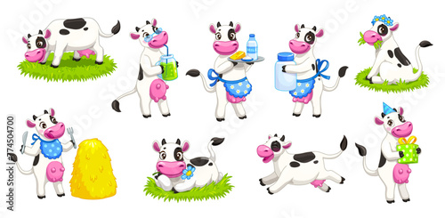 Cartoon cute cow characters, isolated vector set of kawaii farm animal parsonage with a heartwarming smile and pink cheeks, joyfully grazing on summer field, eating straw, play and giving milk