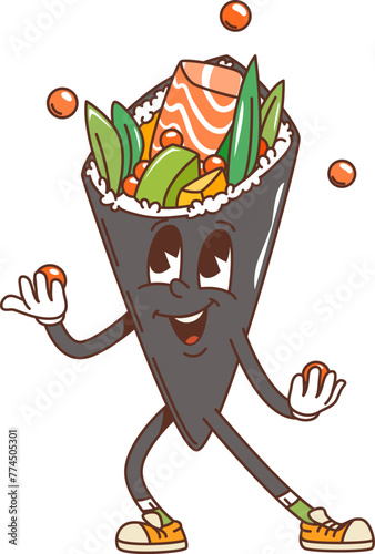 Cartoon japanese temaki sushi groovy character. Isolated vector vibrant japan food personage, wrapped in seaweed, filled fresh fillings like fish and avocado, juggling with caviar balls exuding joy