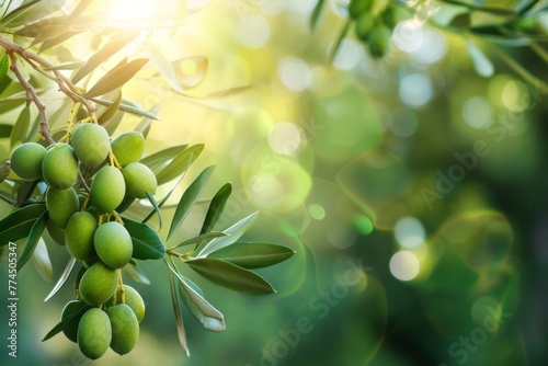 Sunlit Green Olives Clinging to a Branch in a Mediterranean Grove at Dawn