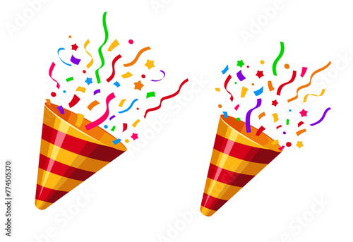 Popper striped cone with confetti, holiday party firecracker. Isolated vector birthday shooters eject a burst of colorful paper or foil, spreading cheer and creating a festive, celebratory atmosphere