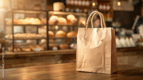 A brown paper bag is placed on a wooden table, showcasing a simple and rustic setting in a bakery store