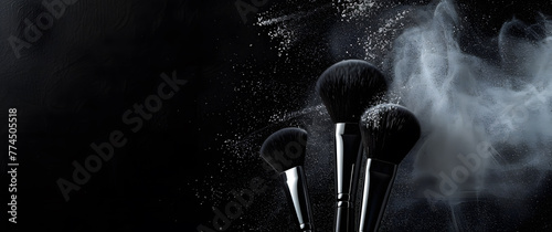Makeup Brush with Powder Explosion on Black Background