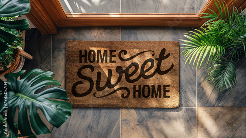 Home Sweet Home Welcome Mat At Front Door of House. Generative AI.