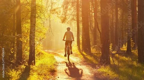 cyclist rides a bike on road forest in the morning