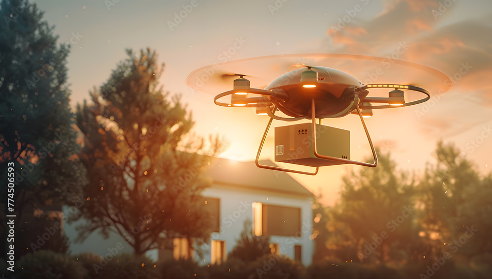 Effortless delivery right to your door: a drone with glowing red navigation lights carries a parcel, illustrating the future of e-commerce logistics.