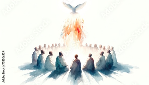 Pentecost. The descent of the Holy Spirit on the followers. People in front of a burning fire with white dove above them. Digital painting.  © Faith Stock