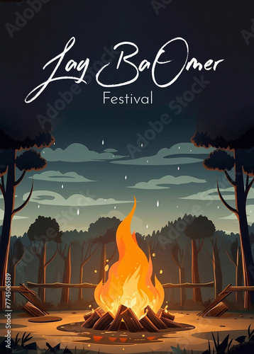 Lag Baomer bonfire in the forest, Lag B'Omer Jewish holiday, camping concept photo