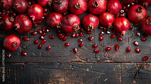 Ruby-red pomegranate seeds lie scattered like precious gems against a backdrop of dark, textured wood. Each seed is a burst of juicy flavor waiting to be discovered in this exquisite composition. © ra0