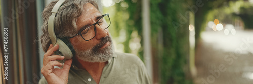 Wallpaper Mural Panorama of friendly middle-aged man with gray hair and beard wearing casual clothes listening to music on headphones. Mature gentleman in eyeglasses enjoys music outdoors Torontodigital.ca