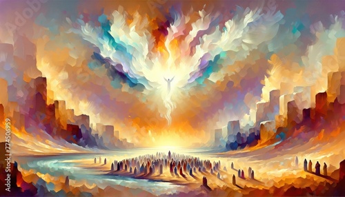 Pentecost. The descent of the Holy Spirit on the followers. People in front of a bright fire with white dove up in the sky. Digital painting.  © Faith Stock