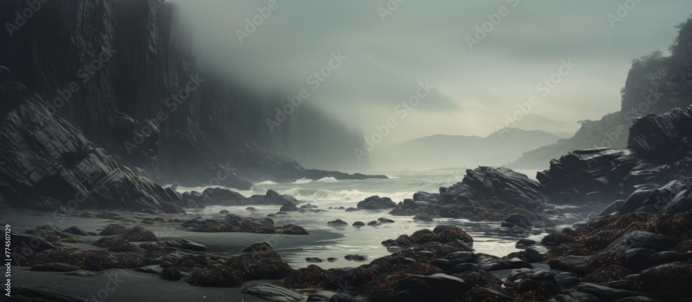 A scenic view of a rocky beach with large rocks in the foreground, surrounded by water, under a foggy sky