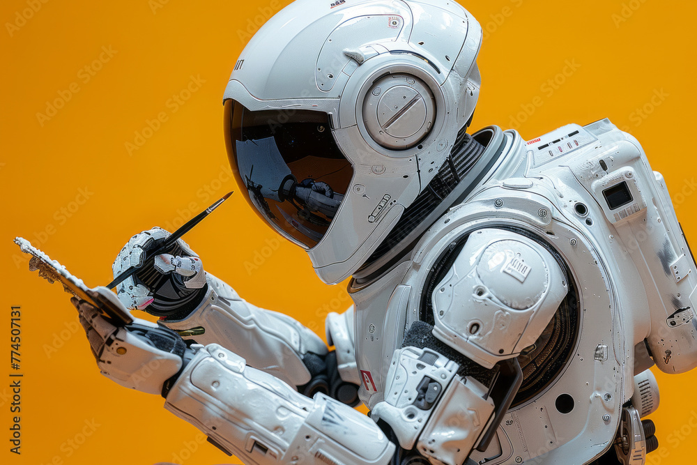 Fototapeta premium a white robot is painting on a canvas,generative ai