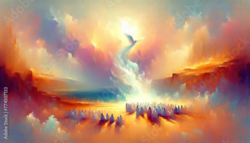 Pentecost. The descent of the Holy Spirit on the followers. People in front of a burning fire with white dove in the sky. Digital painting.
 photo