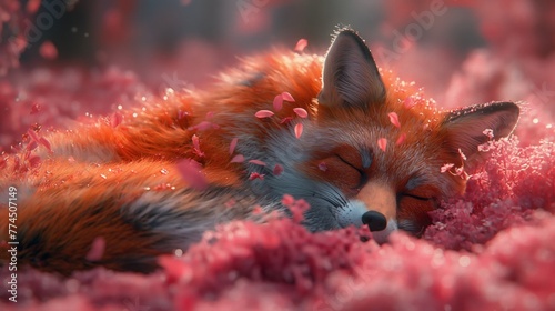 A fox laying down on a vibrant bed of flowers, surrounded by pink mold falling gently.