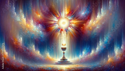Eucharist. Digital illustration of chalice with sacred host in the light with dramatic sky.
 photo