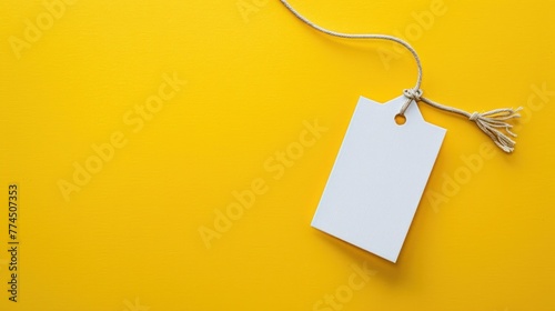 Blank white price tag tied with string on yellow background