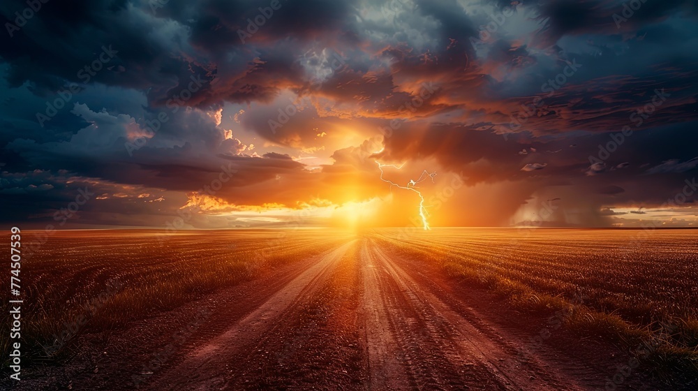 A dramatic storm cloud over an open field with dirt road leading to the horizon during sunset, lightning in background