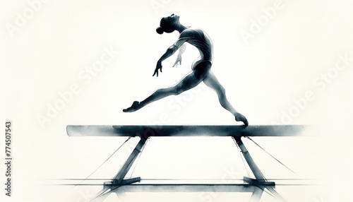 Olympics. Artistic Gymnastics. Silhouette of a young gymnast jumping on a balance beam on white background. Digital painting.