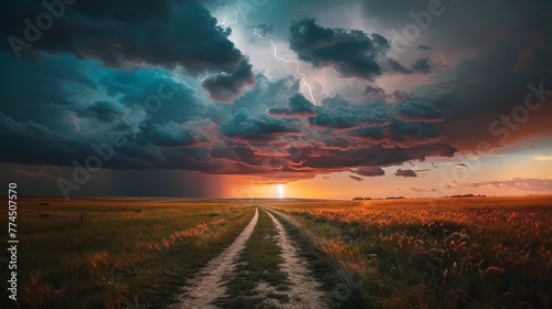 A dramatic storm cloud over an open field with dirt road leading to the horizon during sunset, lightning in background