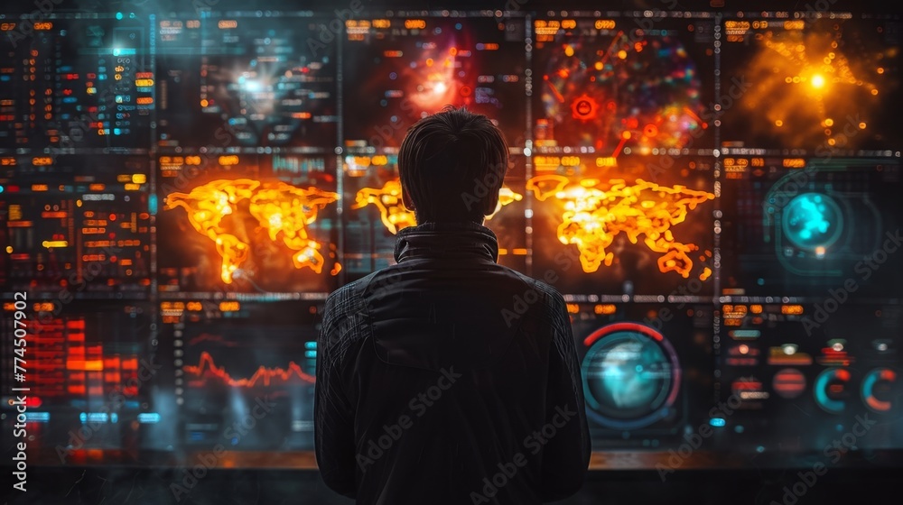 © Best - Engulfed by a matrix of radiant screens, the individual stands at the nexus of information. Complex data cascades in vibrant hues, a testament to their mastery over the digital domain.