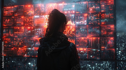 Amid a labyrinth of luminescent screens, a lone figure is enveloped by a symphony of data. Each panel pulsates with intricate visuals, revealing the digital tapestry of tomorrow's world. 