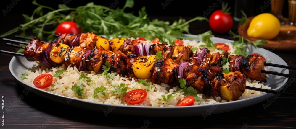 Close up view capturing a plate of nutritious food comprising of rice and assorted vegetables Close up view capturing a plate of nutritious food comprising of rice and assorted vegetables