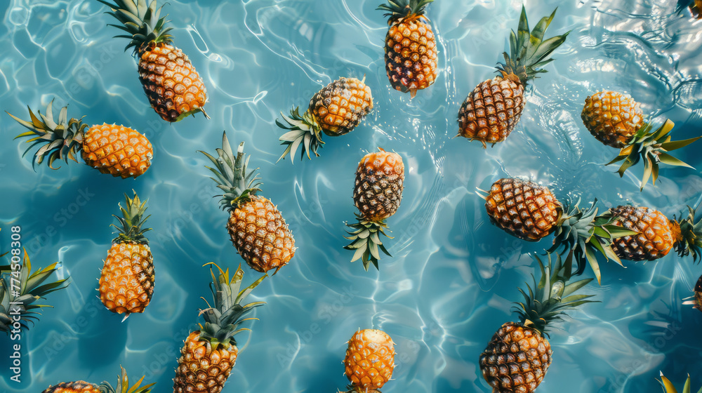 Fototapeta premium Overhead view of pineapple fruit floating in a summer swimming pool