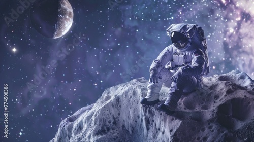 astronaut sitting on a comet observing the starry universe in high resolution and high quality. astronaut concept, universe, galaxies