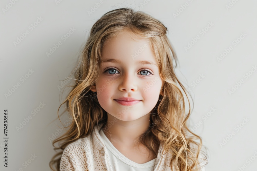 Young Girl with Curly Blonde Hair and Blue Eyes. Generative AI. Young Girl with Curly Blonde Hair and Blue Eyes. Generative AI.