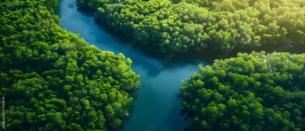 Capturing CO: An Overhead View of a Lush Mangrove Forest for a Sustainable Environment. Concept Nature, Sustainability, Mangrove Forest, Overhead View, Environment