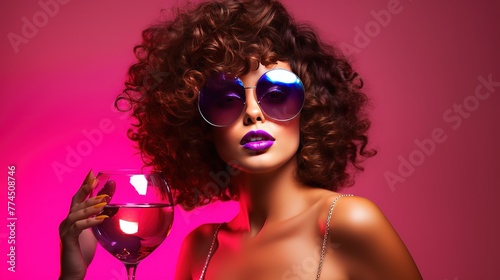 Stylish lady at a party in a nightclub in shiny retro disco ball glasses with curly hair isolated on hot pink color background. AI design 