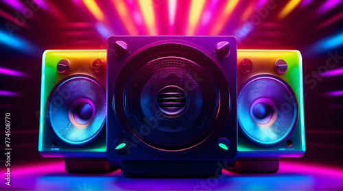 Eye-catching speakers with pulsating sound waves in a spectrum of neon colors, ideal for music and party themes photo