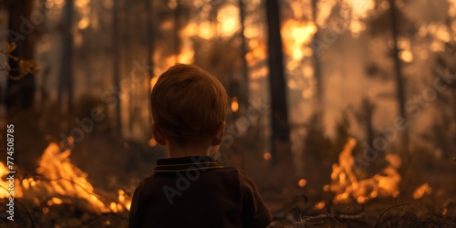 A young boy stands in the woods, facing a raging fire