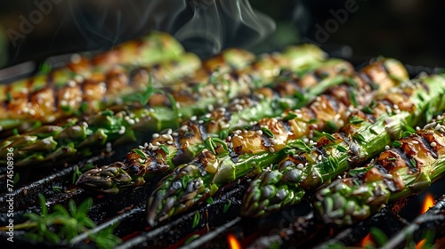 Tender spears of asparagus sizzle on a hot grill, their vibrant green hues enhanced by charred edges and wisps of steam. Delight in the fresh flavors of spring with this tantalizing close-up. © ra0