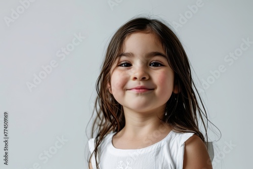 Portrait of a cute little girl with long hair on a gray background