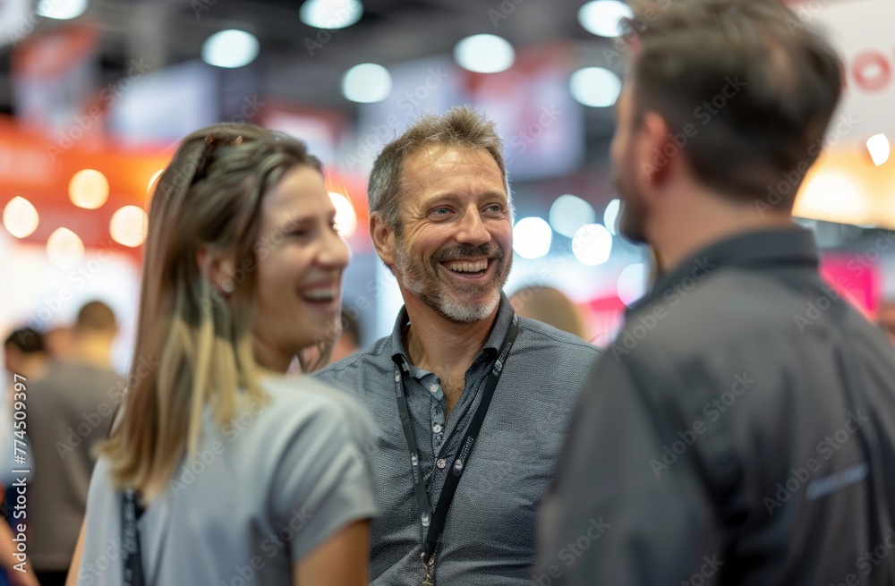 Smiling attendees discuss new products at the exhibition, with a brightly lit stand in focus. A handsome man in a business casual shirt laughs among colleagues. Smiling attendees discuss new products at the exhibition, with a brightly lit stand in focus. A handsome man in a business casual shirt laughs among colleagues.