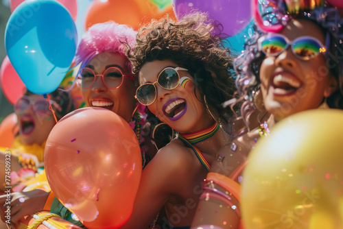 Lesbian women on a gay pride parade float, exuding pride and joy in colorful outfits, part of the vibrant LGBT party on wheels
