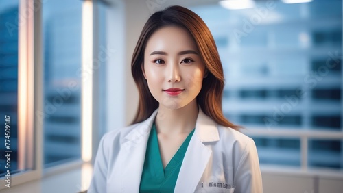 Chinese female doctor in a white coat with gray hair with a sweet smile against the background of a window in the hospital. Concept of modern medicine, health.