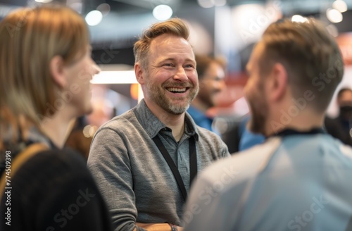 Smiling attendees discuss new products at the exhibition, with a brightly lit stand in focus. A handsome man in a business casual shirt laughs among colleagues.