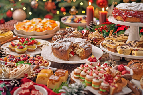 A Festive Christmas Table Laden with Delicious Food and Desserts: Enjoying the Holiday Spirit