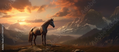 Majestic horse standing gracefully on a stunning mountain peak during sunset with the sun setting in the background © AkuAku